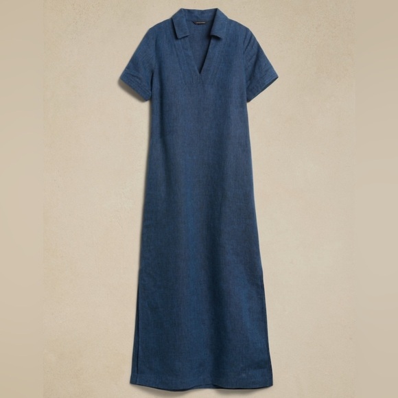 NWT! Banana Republic Indigo Cruz Linen Maxi Shirtdress - Size XS 🦋 - Picture 4 of 11